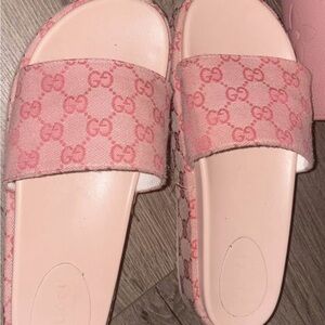 Gucci Blush Pink Angelina GG Monogram Platform Sandals.